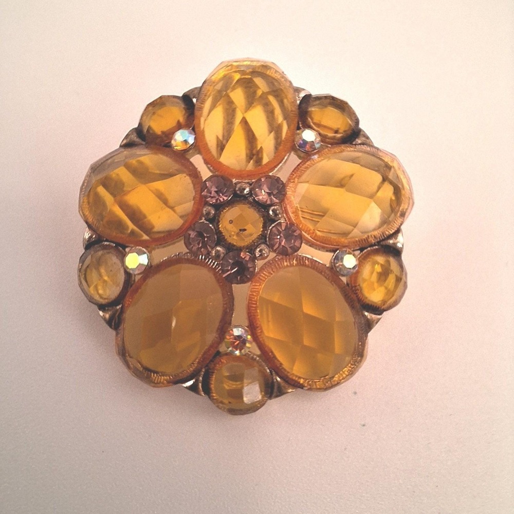 Vintage flower brooch gold checkerboard crystals pink rhinestones silver tone